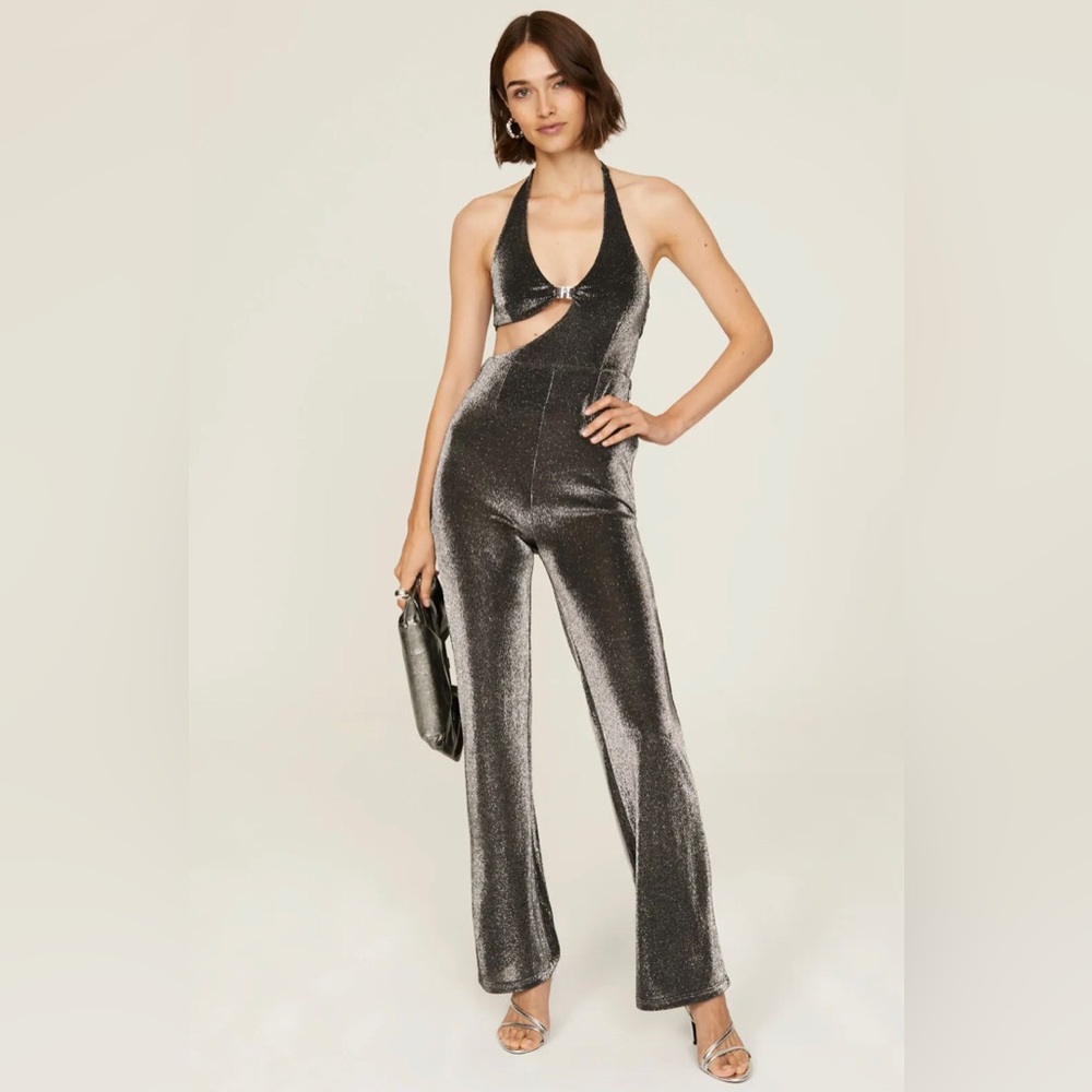 ROTATE Birger Christensen Isha Jumpsuit Cutouts Gunmetal Wet Look Silver EU38 6